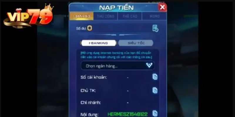 Thao tác nạp tiền tại cổng game được thực hiện nhanh gọn.